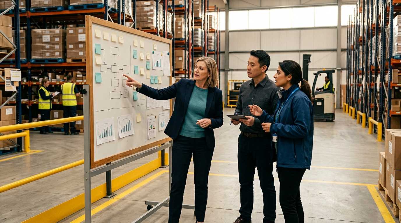 Team reviewing a manufacturing process board