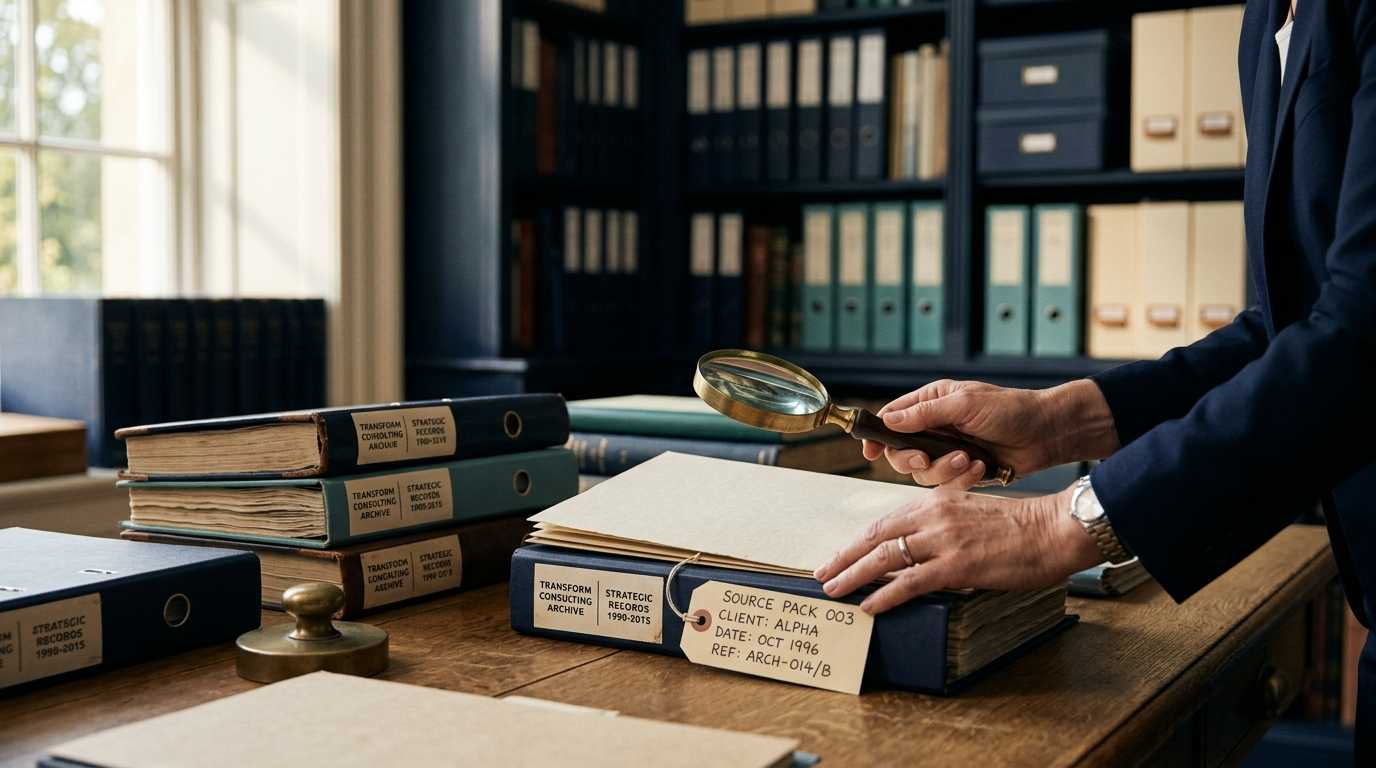 Reviewer inspecting source documents with a magnifier