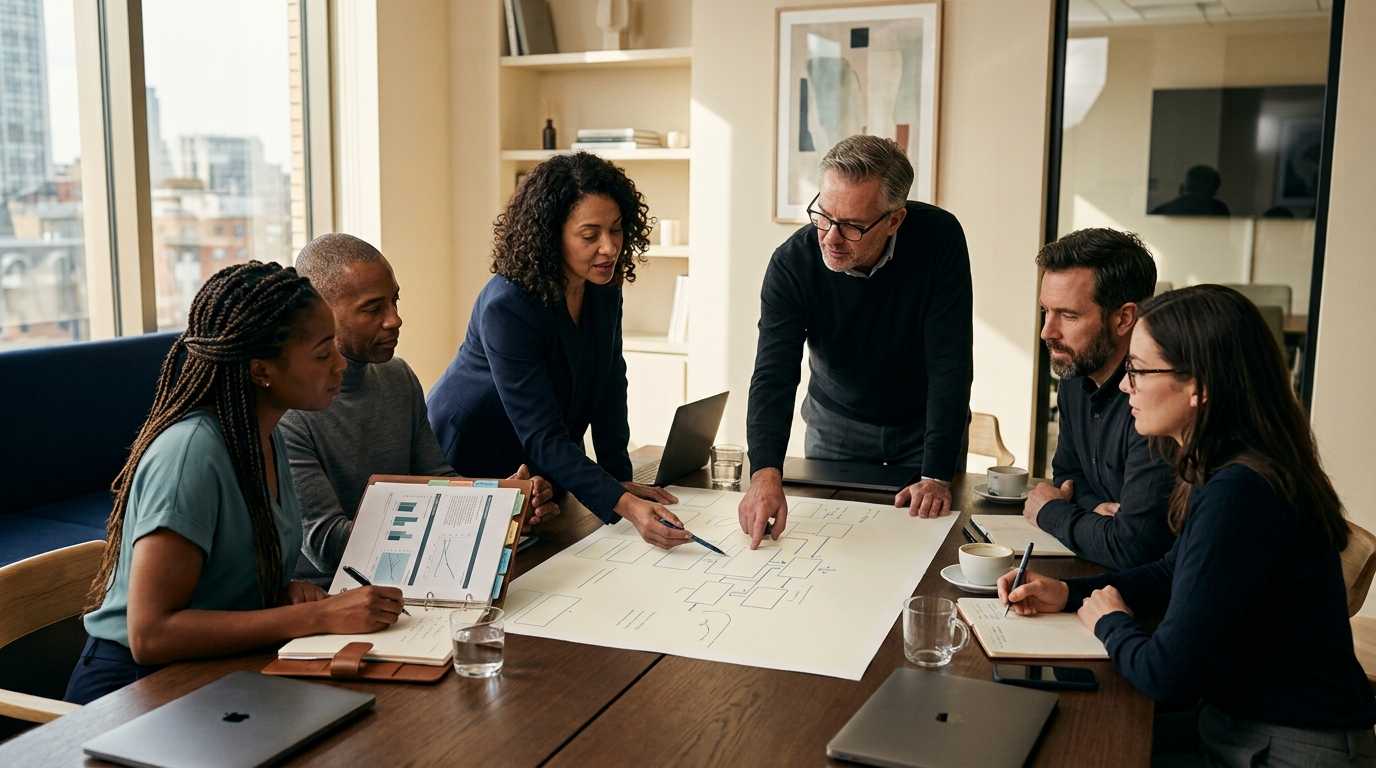 Professionals reviewing a shared project brief