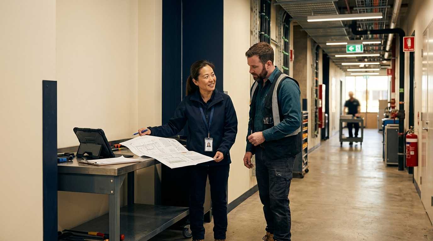 Workers reviewing a facilities maintenance plan