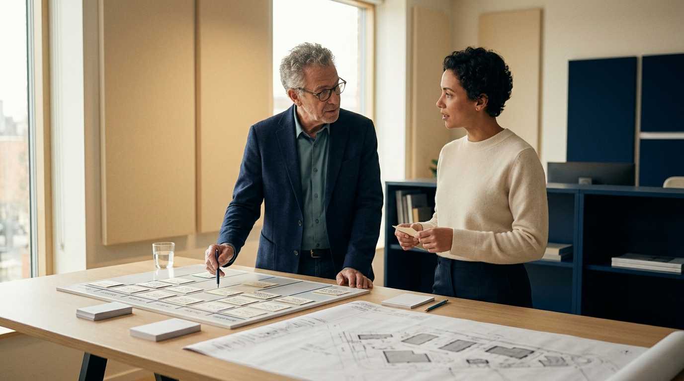 Adviser planning project controls at a work table